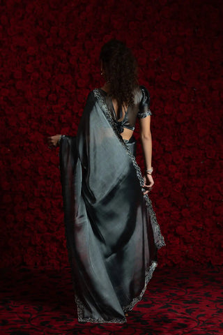 India Silk Dark Grey Fendy Silk Saree with Hand Zari Work & Embroidered Border