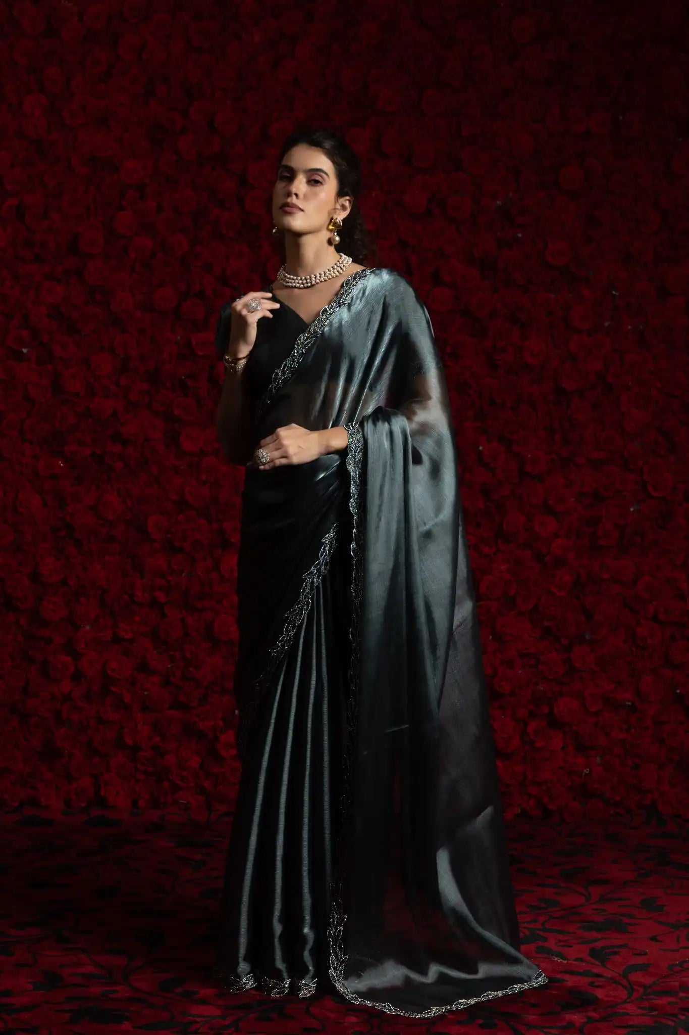 India Silk Dark Grey Fendy Silk Saree with Hand Zari Work & Embroidered Border