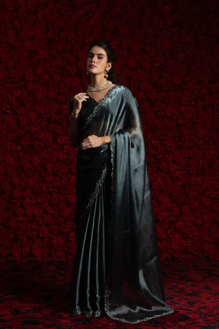 India Silk Dark Grey Fendy Silk Saree with Hand Zari Work & Embroidered Border