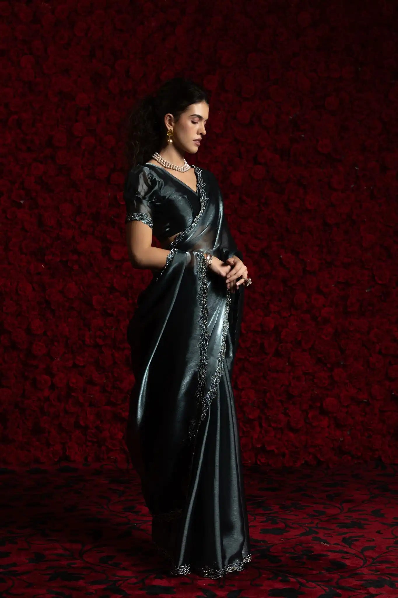 India Silk Dark Grey Fendy Silk Saree with Hand Zari Work & Embroidered Border