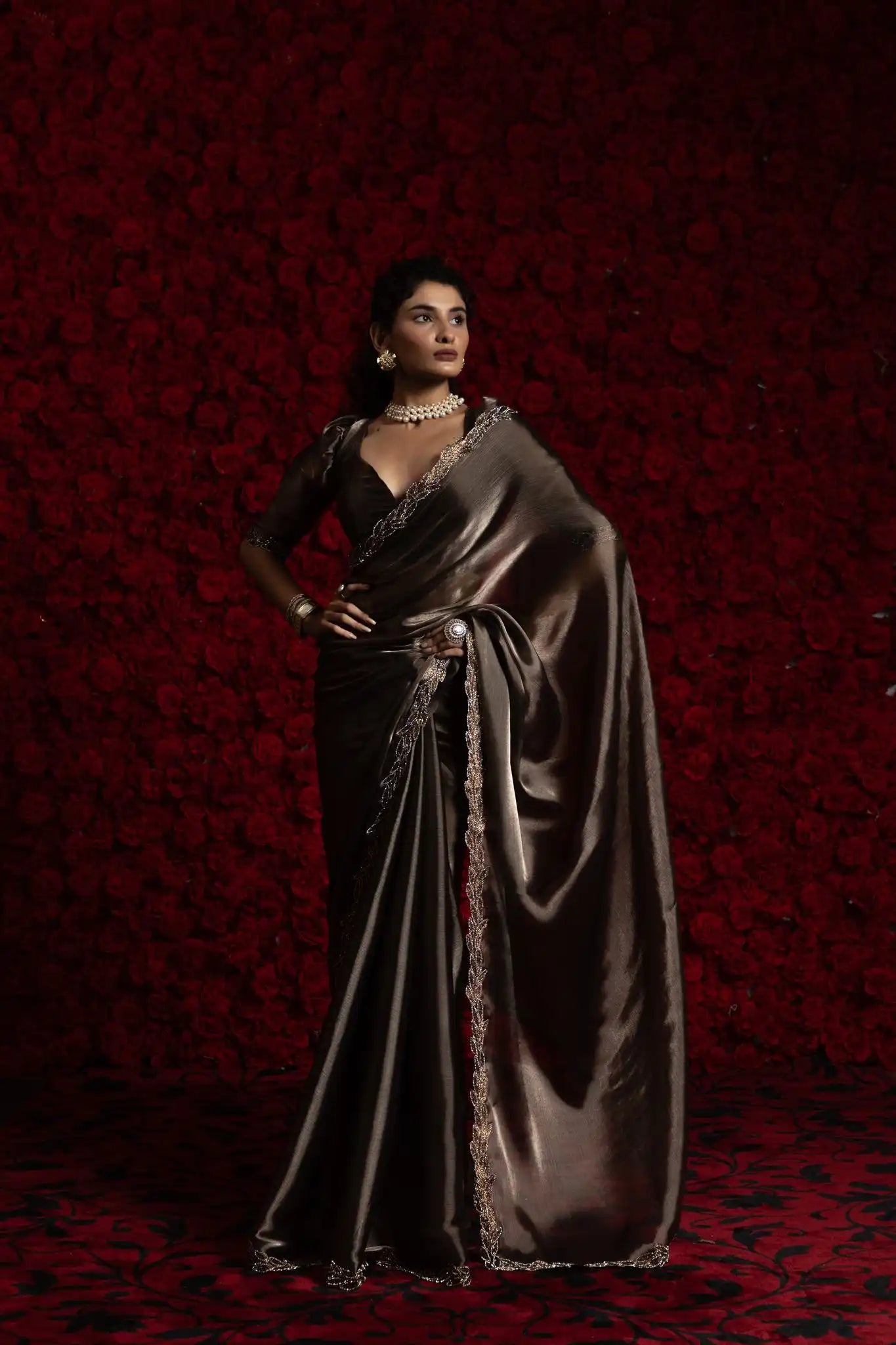 India Silk Bronze Fendy Silk Saree with Hand Zari Work & Embroidered Border