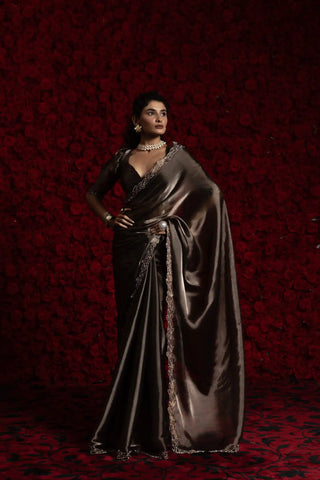 India Silk Bronze Fendy Silk Saree with Hand Zari Work & Embroidered Border