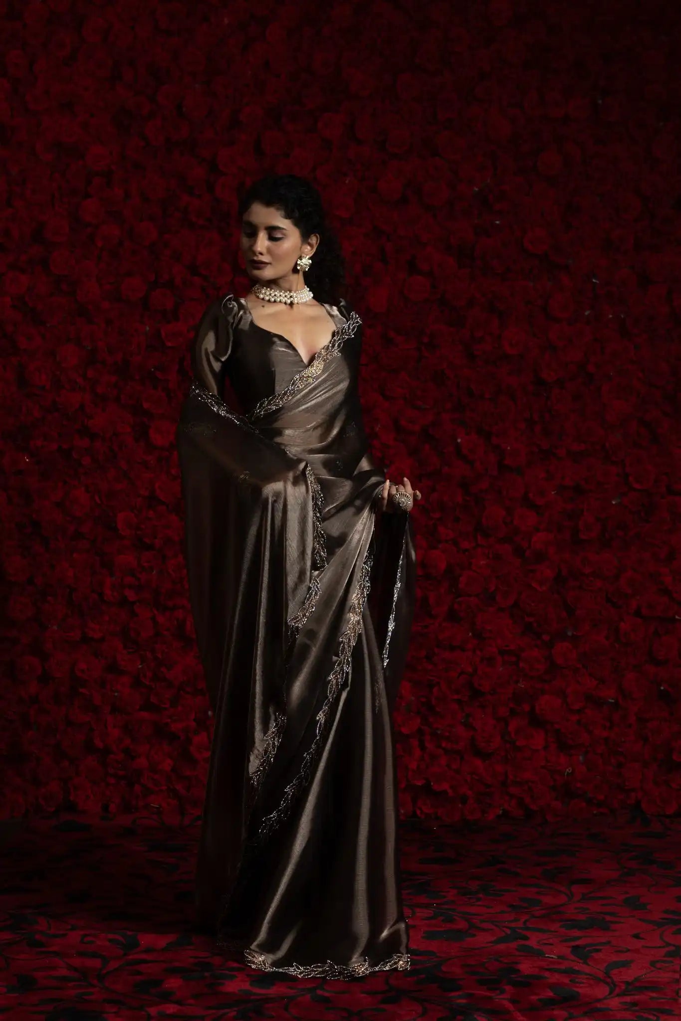 India Silk Bronze Fendy Silk Saree with Hand Zari Work & Embroidered Border