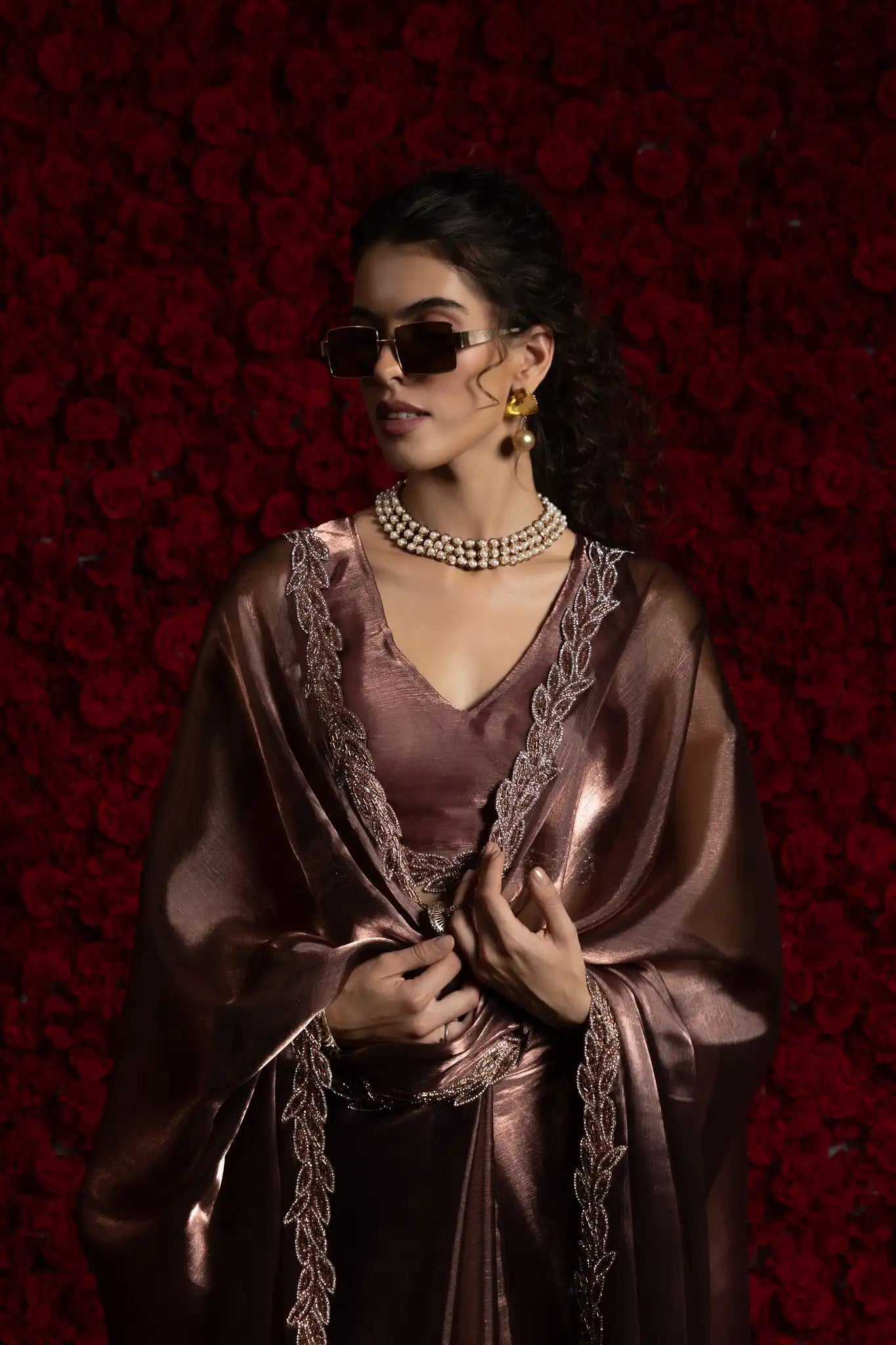 India Silk Bronze Fendy Silk Saree with Hand Zari Work & Embroidered Border