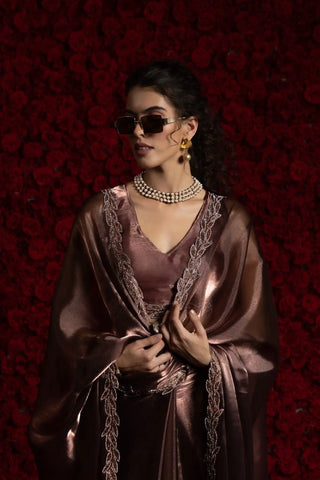 India Silk Bronze Fendy Silk Saree with Hand Zari Work & Embroidered Border