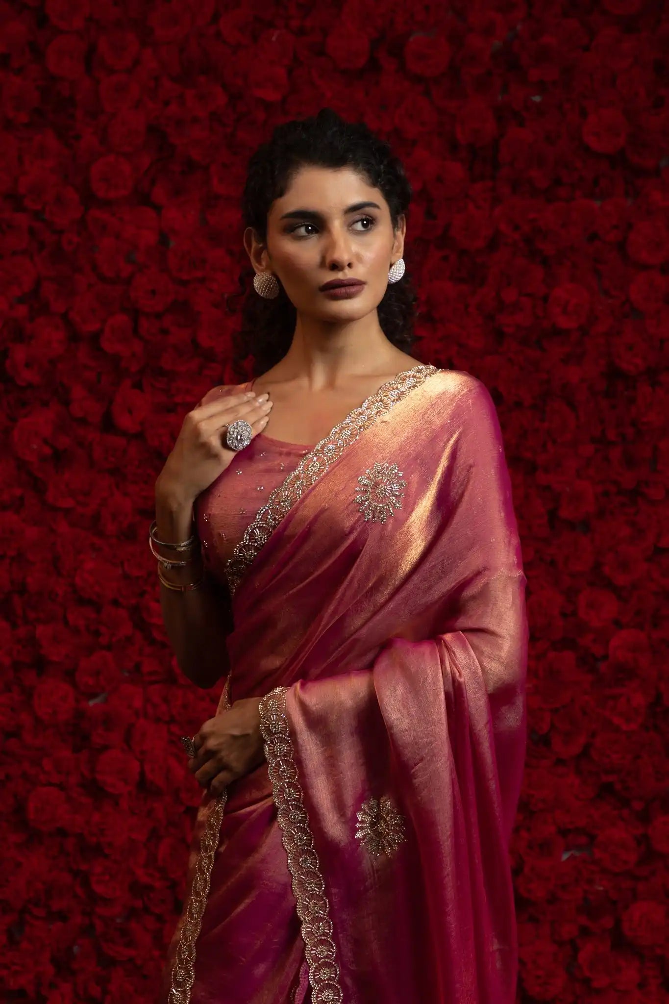 India Silk Rose Pink Wine Fendy Designer Silk Saree with Zari Embroidery & Scalloped Border