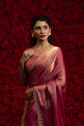India Silk Rose Pink Wine Fendy Designer Silk Saree with Zari Embroidery & Scalloped Border