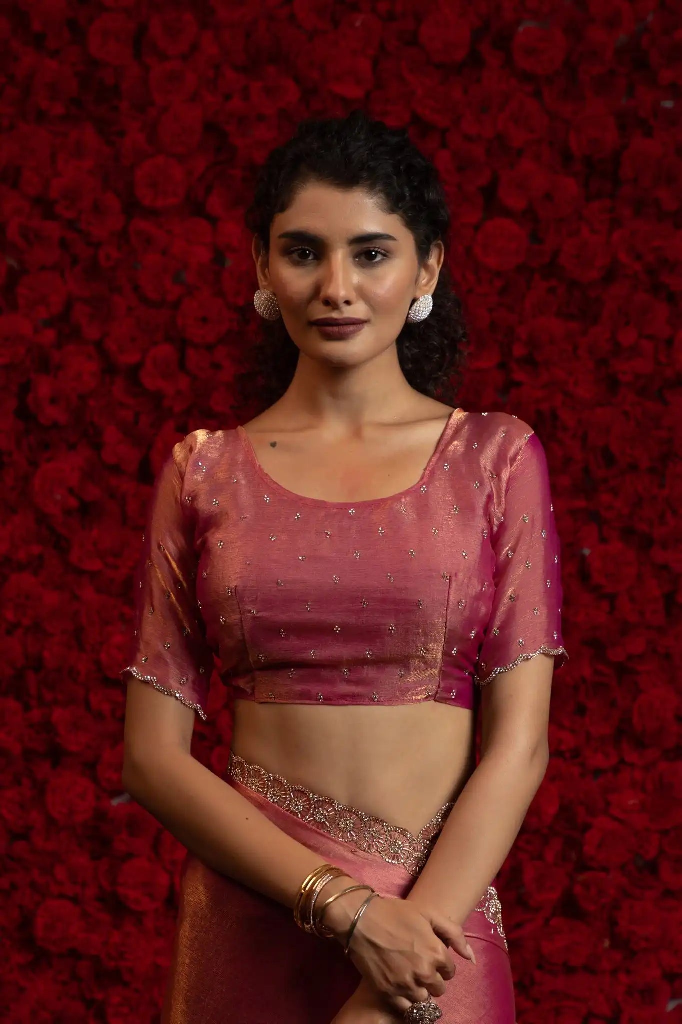 India Silk Rose Pink Wine Fendy Designer Silk Saree with Zari Embroidery & Scalloped Border