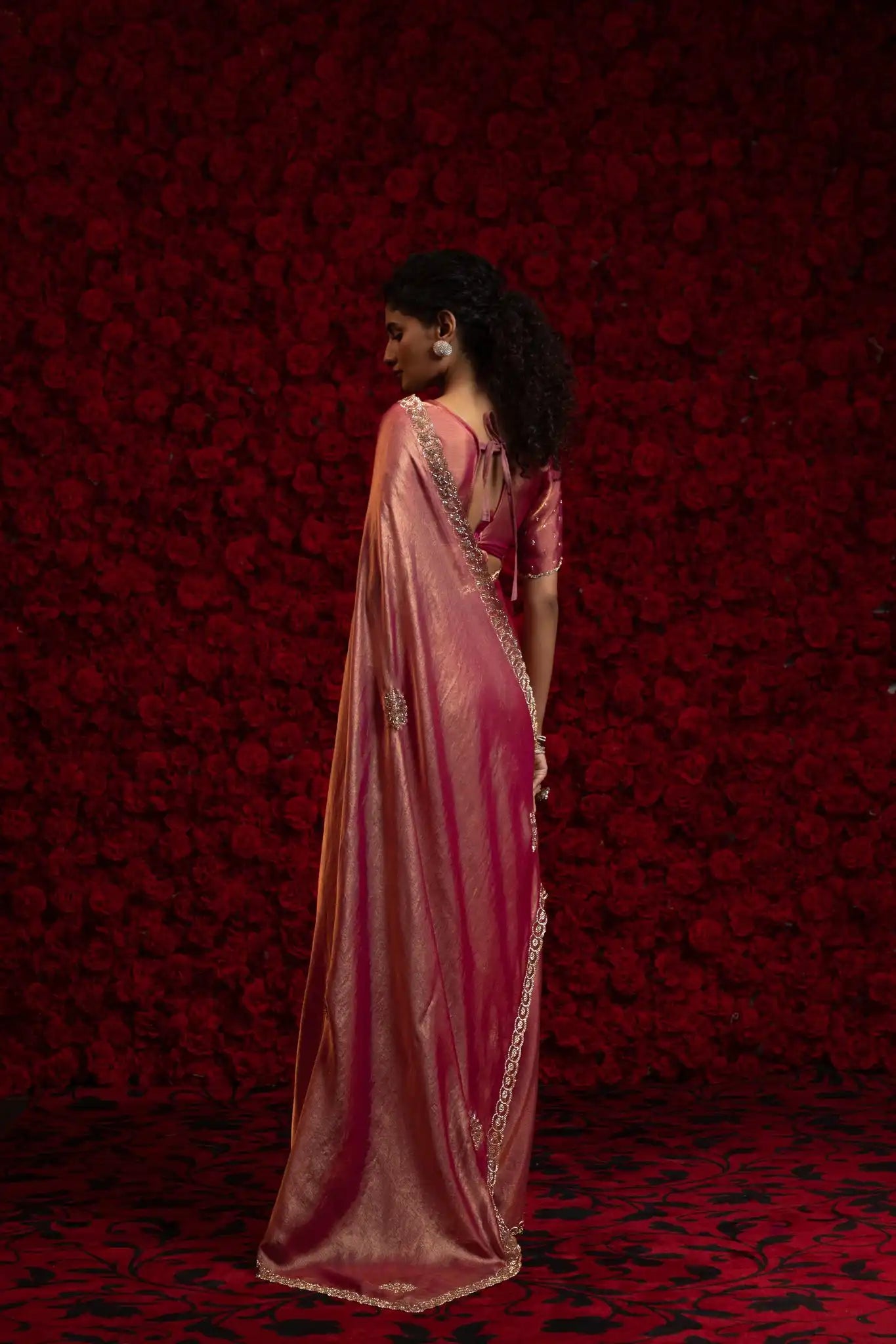 India Silk Rose Pink Wine Fendy Designer Silk Saree with Zari Embroidery & Scalloped Border