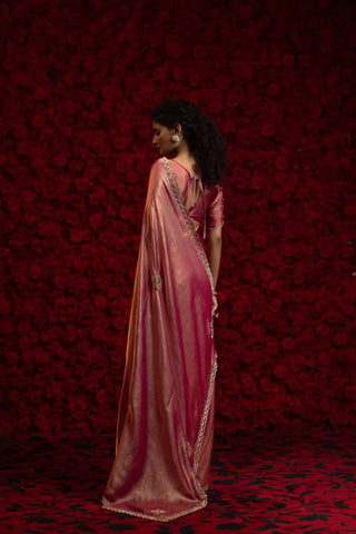 India Silk Rose Pink Wine Fendy Designer Silk Saree with Zari Embroidery & Scalloped Border