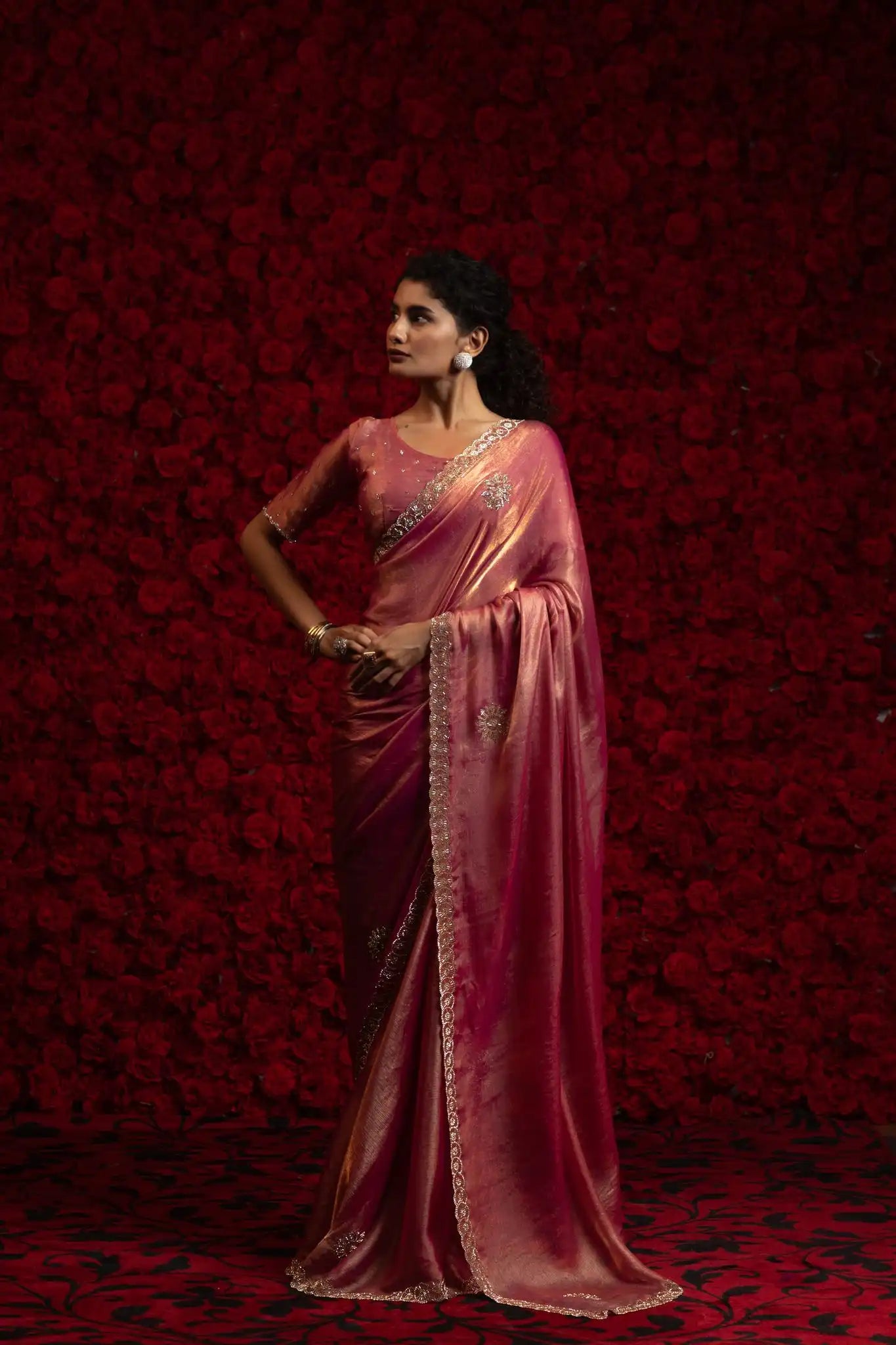 India Silk Rose Pink Wine Fendy Designer Silk Saree with Zari Embroidery & Scalloped Border