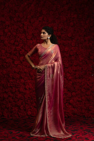 India Silk Rose Pink Wine Fendy Designer Silk Saree with Zari Embroidery & Scalloped Border