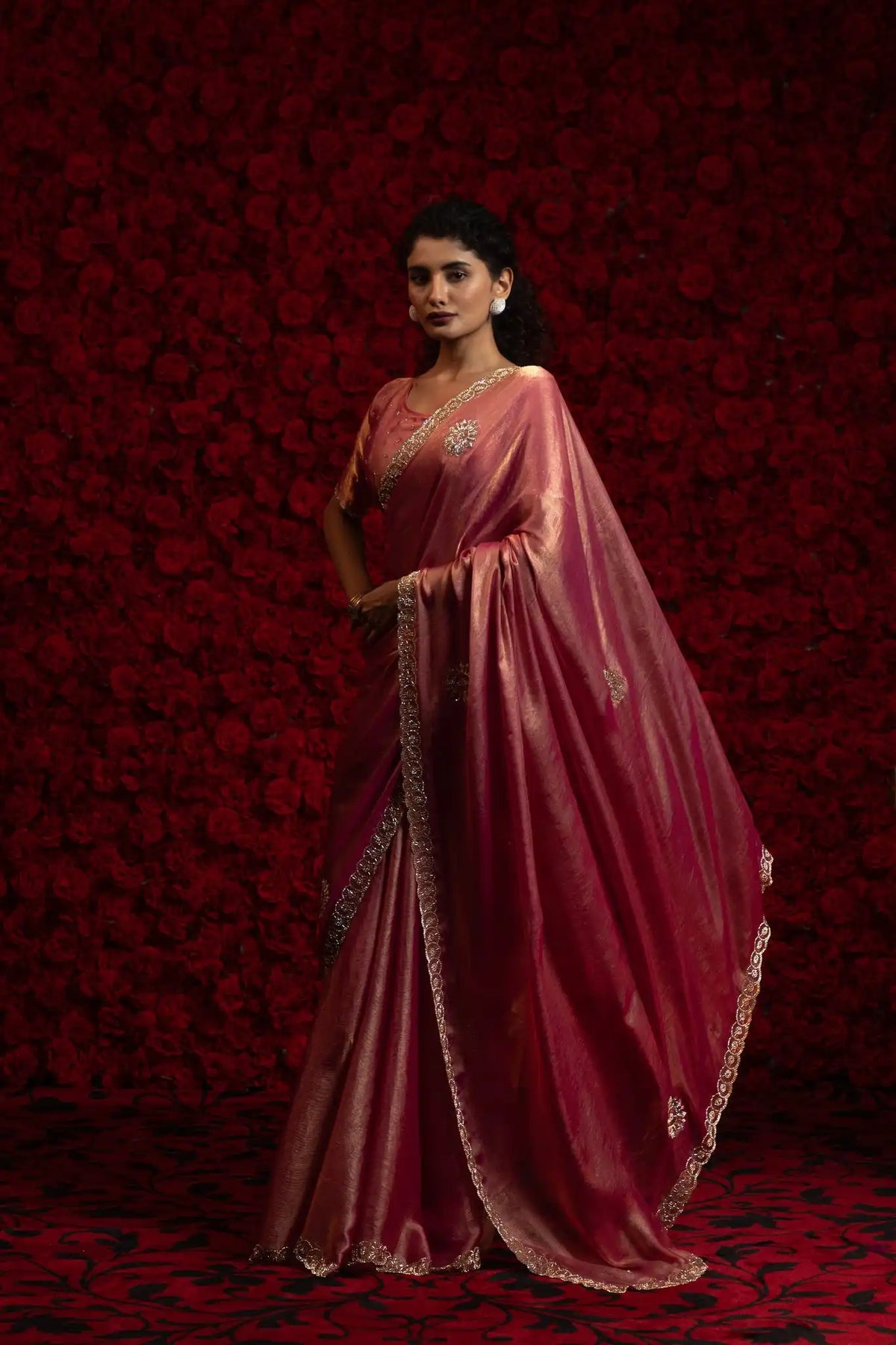 India Silk Rose Pink Wine Fendy Designer Silk Saree with Zari Embroidery & Scalloped Border