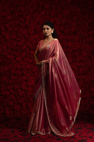 India Silk Rose Pink Wine Fendy Designer Silk Saree with Zari Embroidery & Scalloped Border