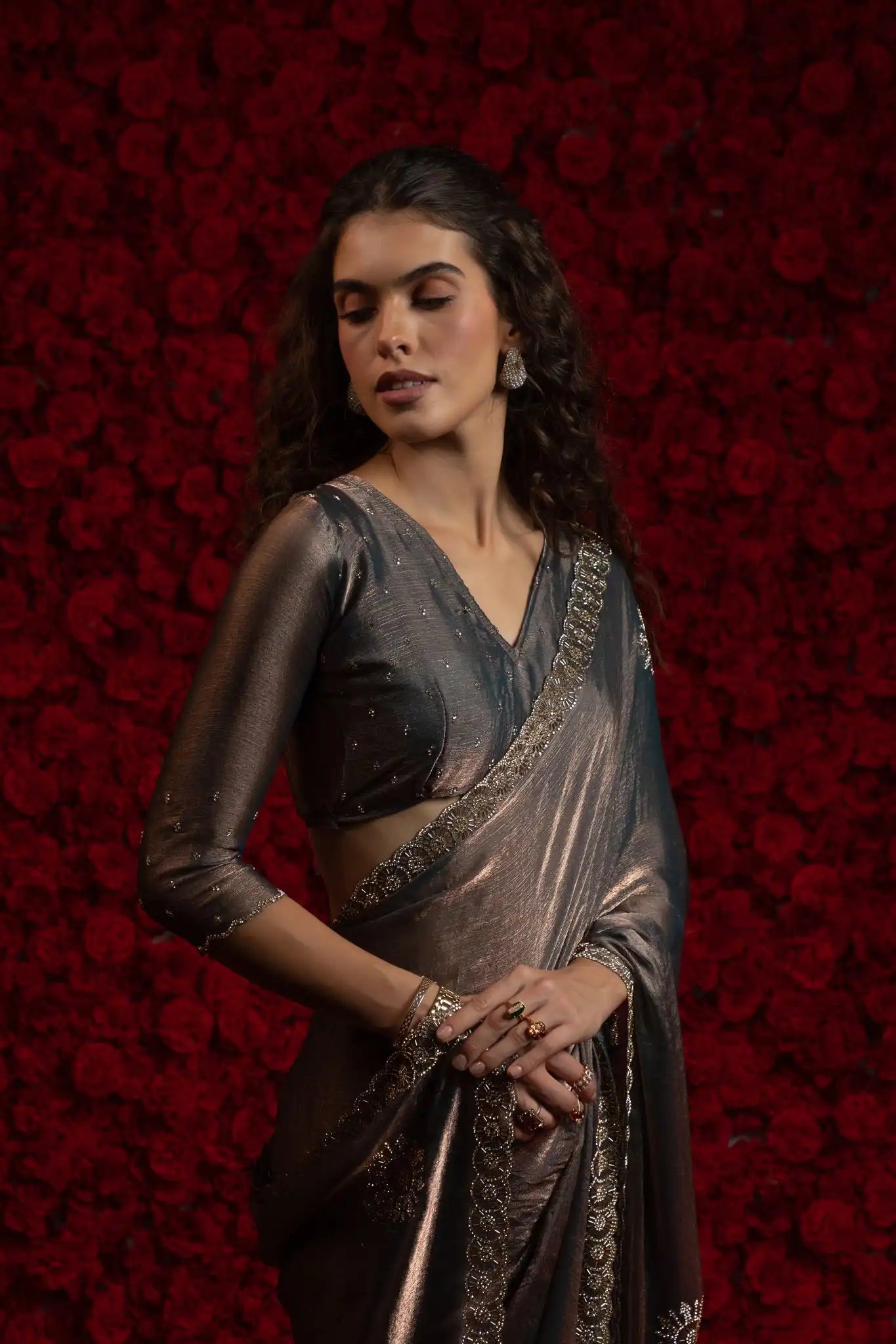 India Silk Grey Fendy Designer Silk Saree with Zari Embroidery & Scalloped Border