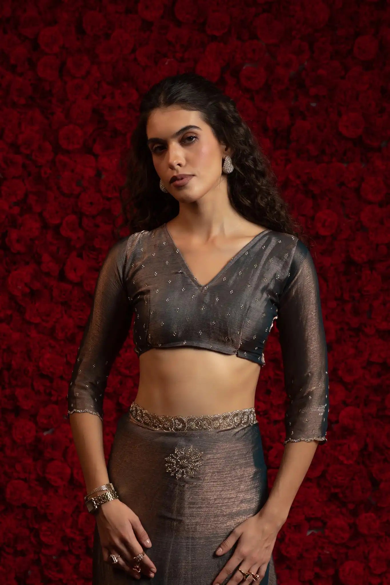 India Silk Grey Fendy Designer Silk Saree with Zari Embroidery & Scalloped Border