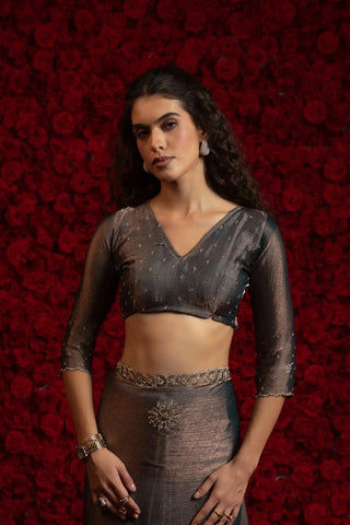 India Silk Grey Fendy Designer Silk Saree with Zari Embroidery & Scalloped Border