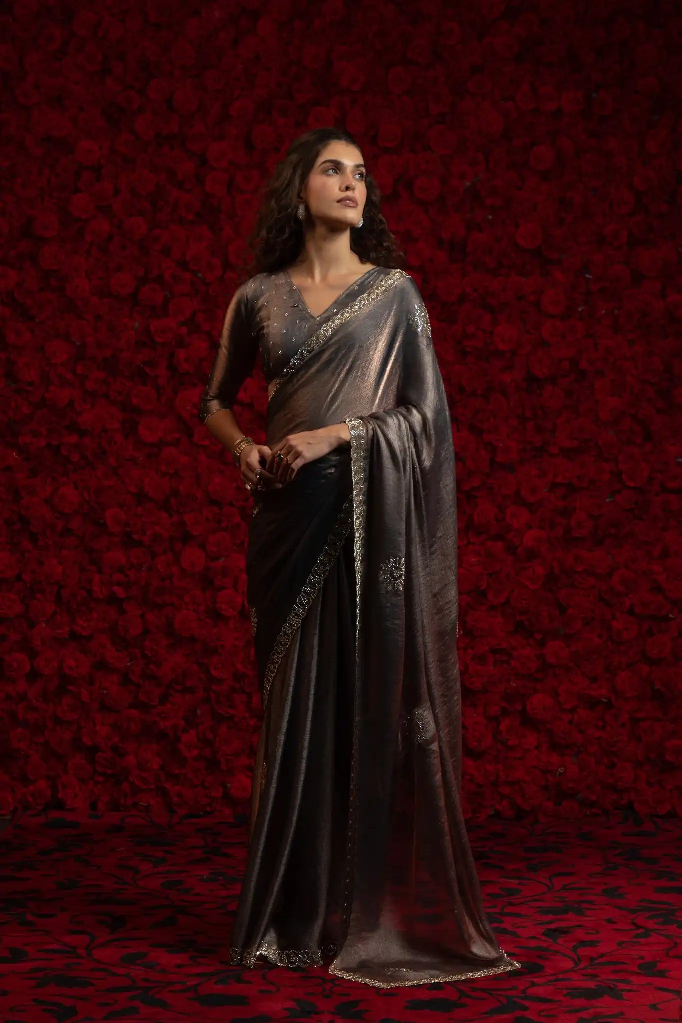India Silk Grey Fendy Designer Silk Saree with Zari Embroidery & Scalloped Border