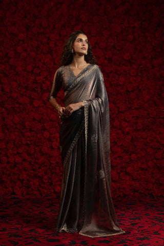 India Silk Grey Fendy Designer Silk Saree with Zari Embroidery & Scalloped Border