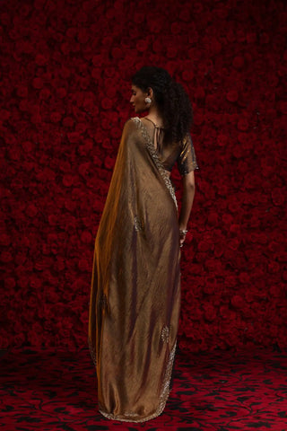 India Silk Brown Fendy Designer Silk Saree with Zari Embroidery & Scalloped Border