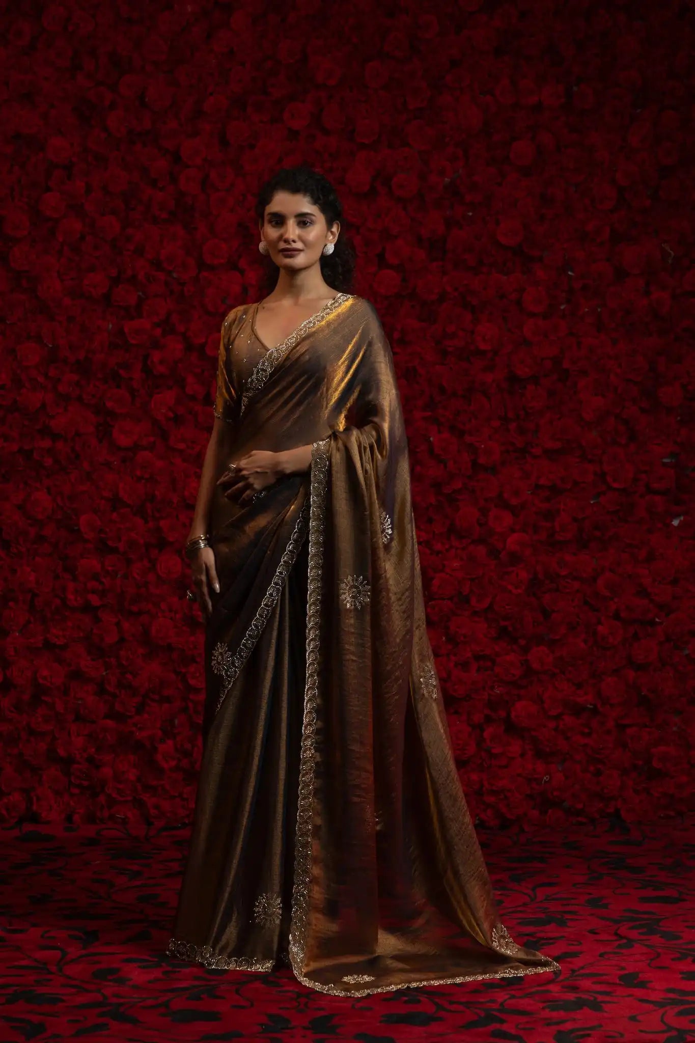 India Silk Brown Fendy Designer Silk Saree with Zari Embroidery & Scalloped Border