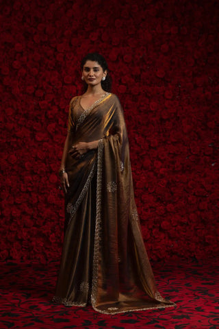 India Silk Brown Fendy Designer Silk Saree with Zari Embroidery & Scalloped Border