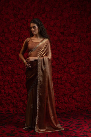 India Silk Brown Fendy Designer Silk Saree with Zari Embroidery & Scalloped Border