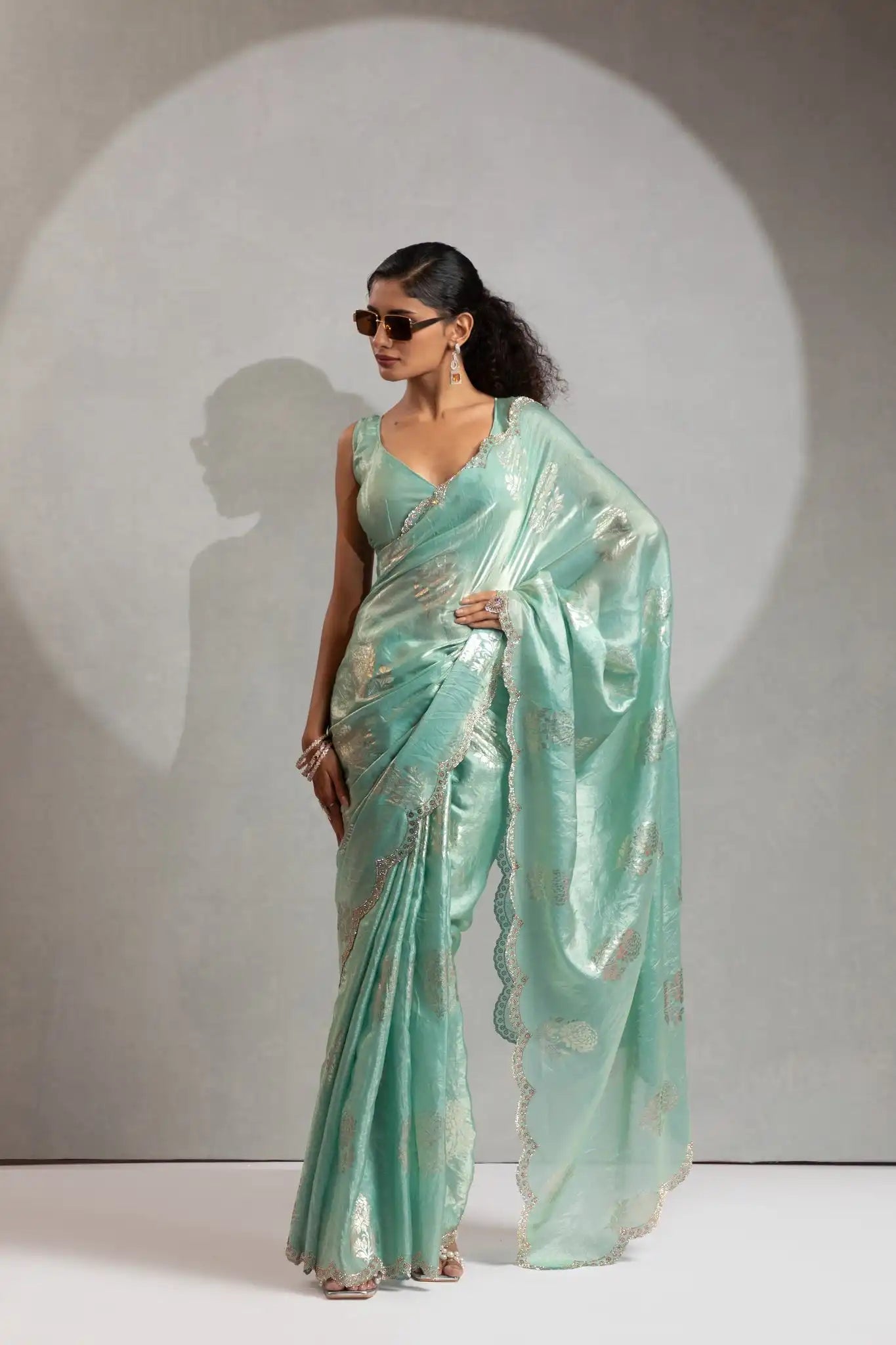 India Silk Mint Green Designer Fendy Silk Saree with Zari Buta Work