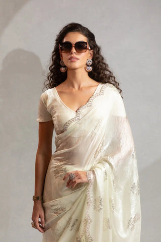 India Silk White Designer Fendy Satin Saree with Zari Buta Work