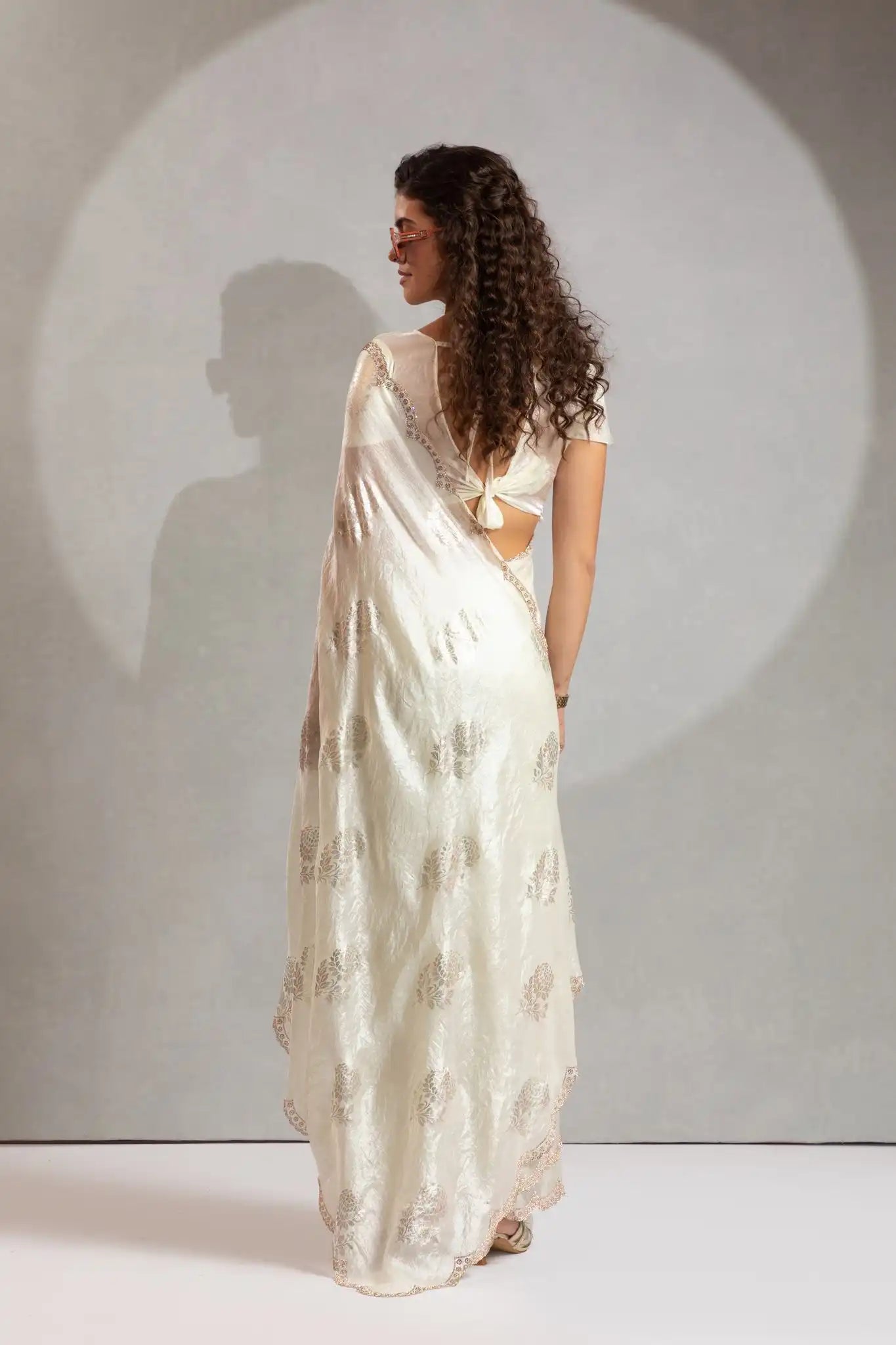 India Silk White Designer Fendy Satin Saree with Zari Buta Work