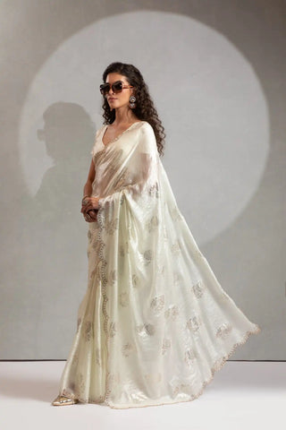 India Silk White Designer Fendy Satin Saree with Zari Buta Work