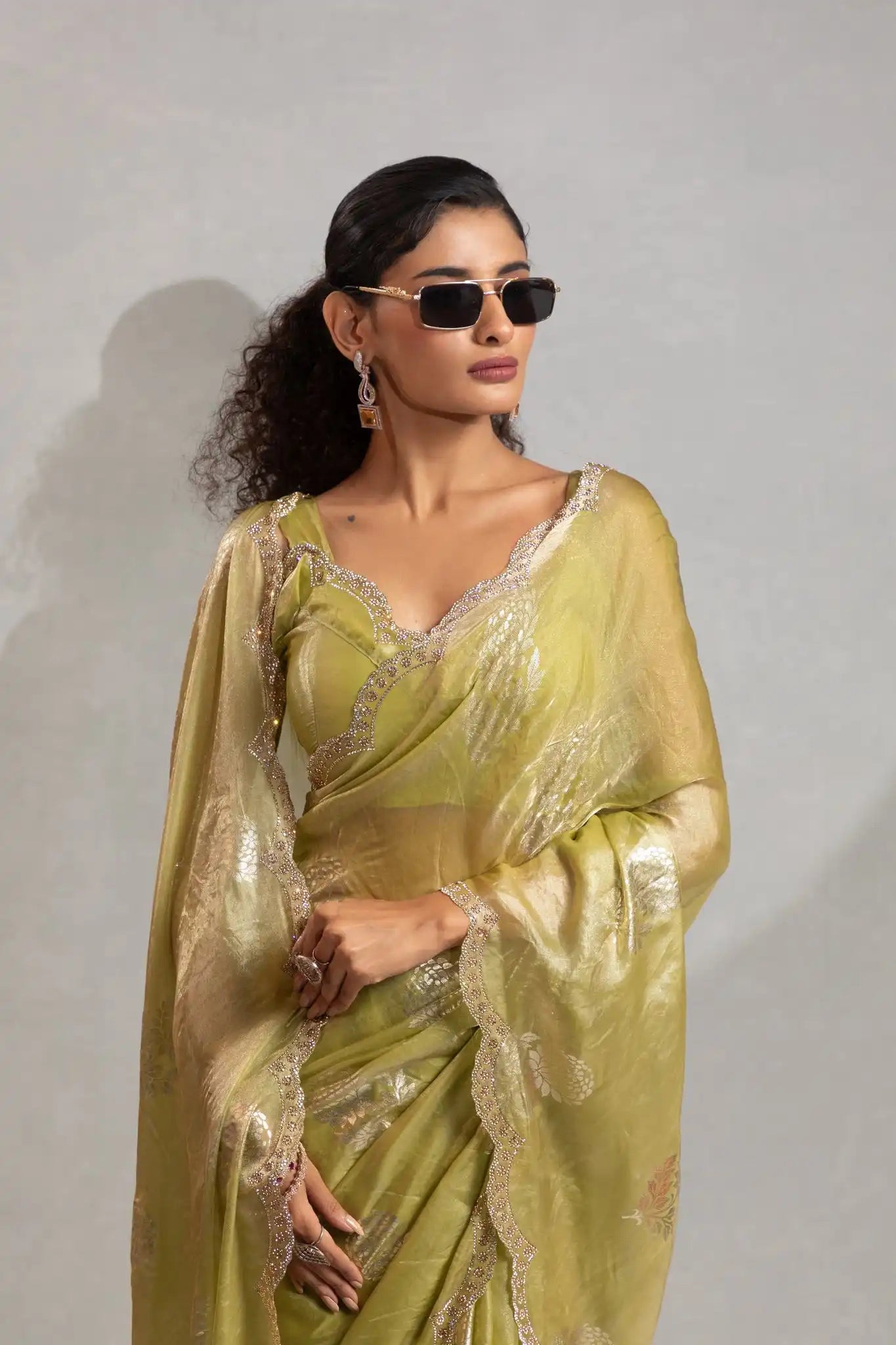 India Silk Lime Green Designer Fendy Satin Saree with Zari Buta Work