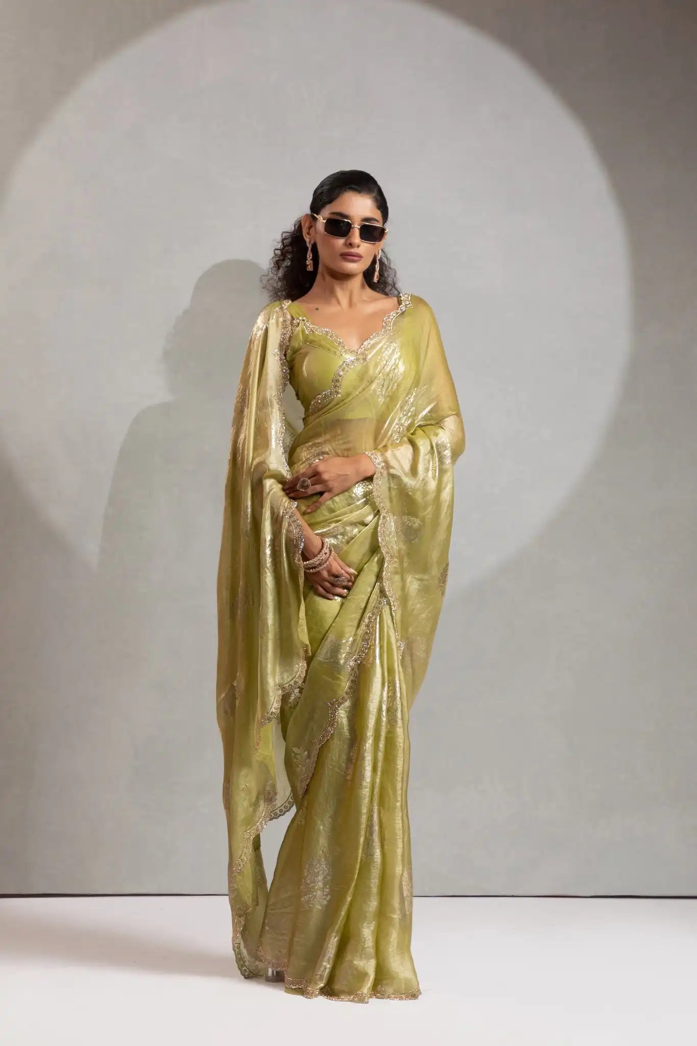 India Silk Lime Green Designer Fendy Satin Saree with Zari Buta Work