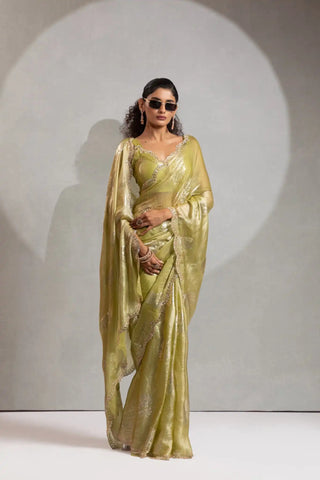 India Silk Lime Green Designer Fendy Satin Saree with Zari Buta Work