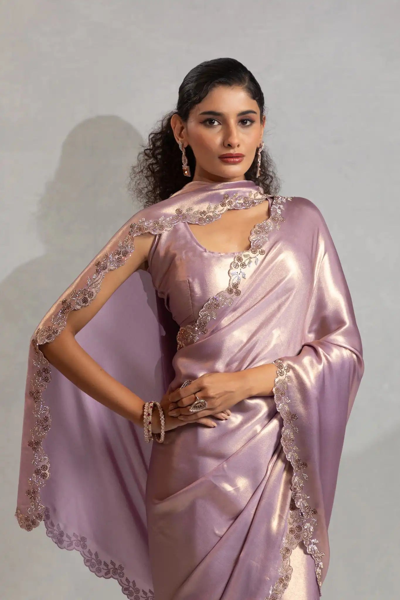 India Silk Luxury Rose Gold Silk Saree with Gold Embellishments