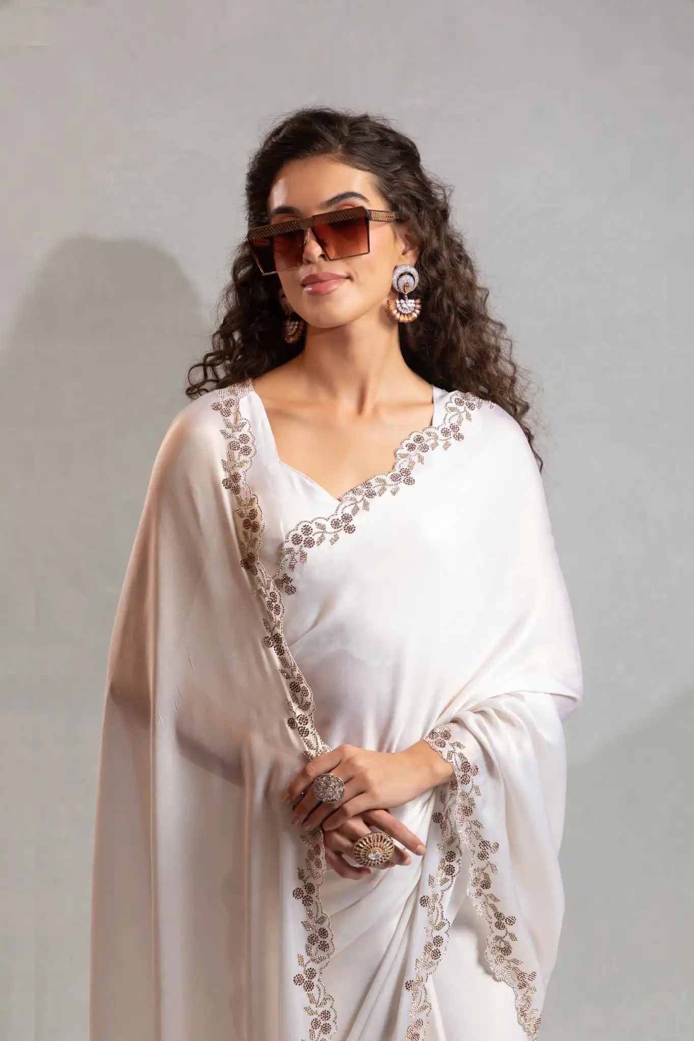 India Silk White Luxury Satin Lilac Saree with Pearl and Gold Embellishments