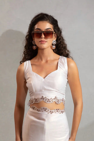 India Silk White Luxury Satin Lilac Saree with Pearl and Gold Embellishments
