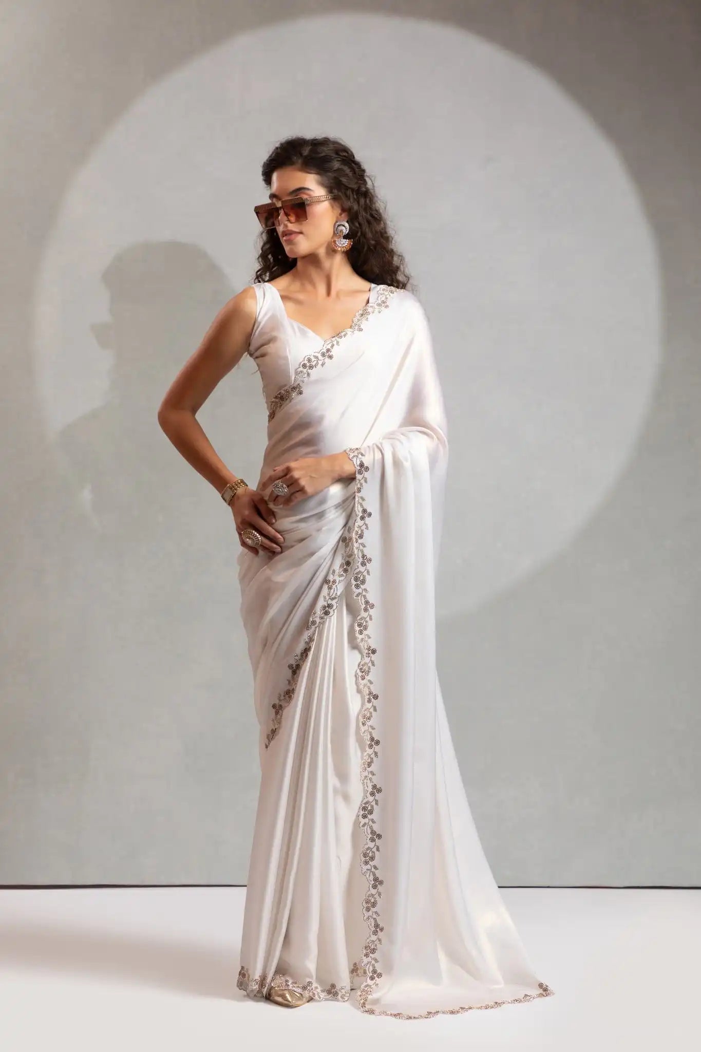 India Silk White Luxury Satin Lilac Saree with Pearl and Gold Embellishments