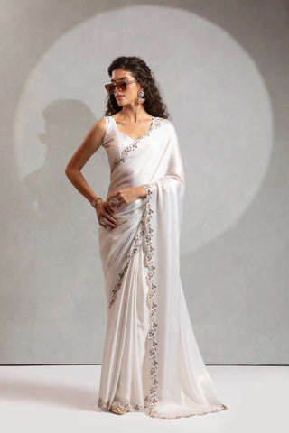 India Silk White Luxury Satin Lilac Saree with Pearl and Gold Embellishments