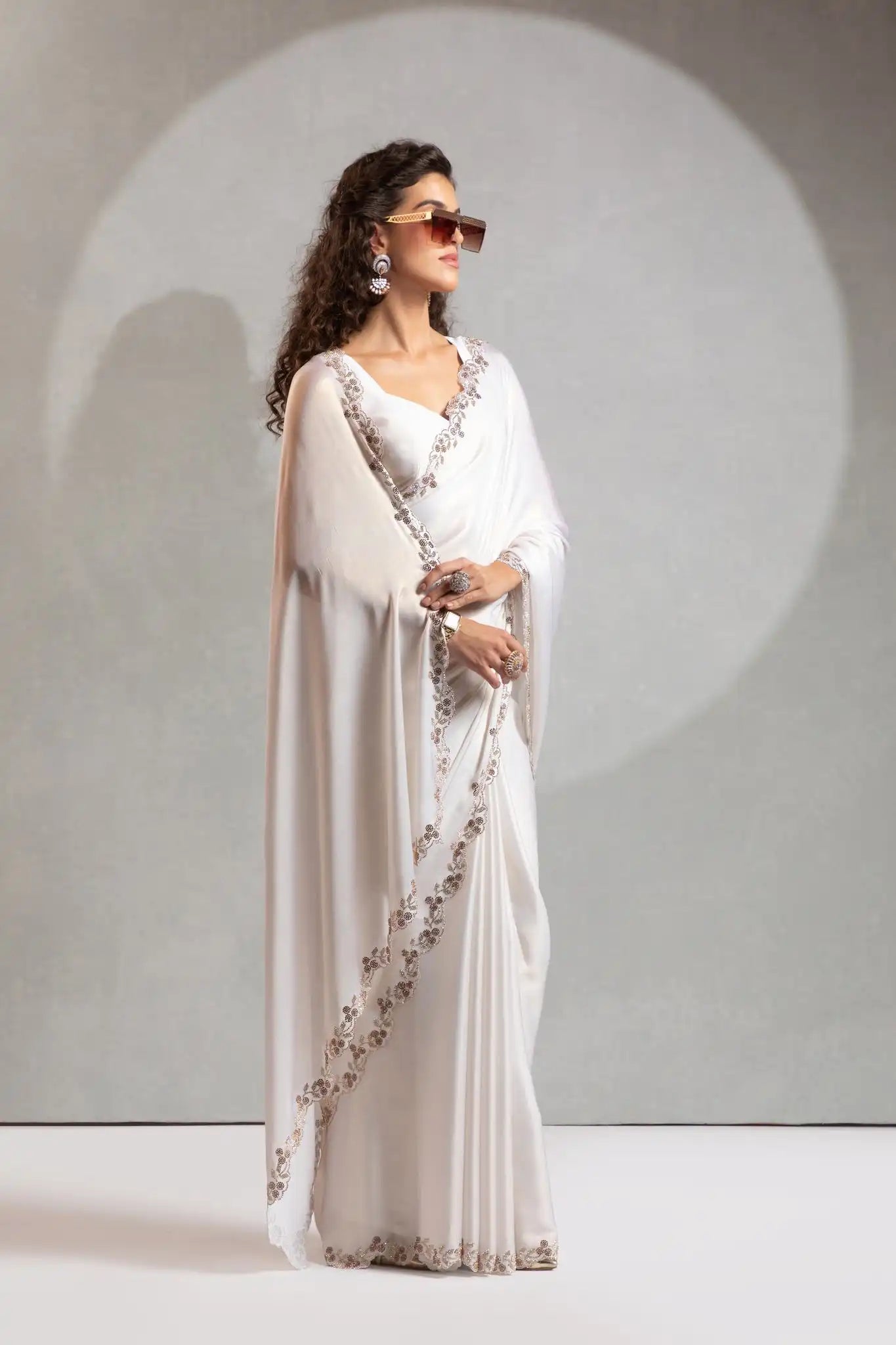 India Silk White Luxury Satin Lilac Saree with Pearl and Gold Embellishments