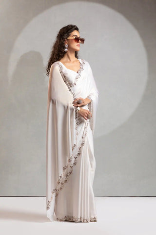 India Silk White Luxury Satin Lilac Saree with Pearl and Gold Embellishments