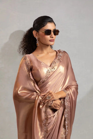 India Silk Luxury Rose Gold Silk Saree with Gold Embellishments