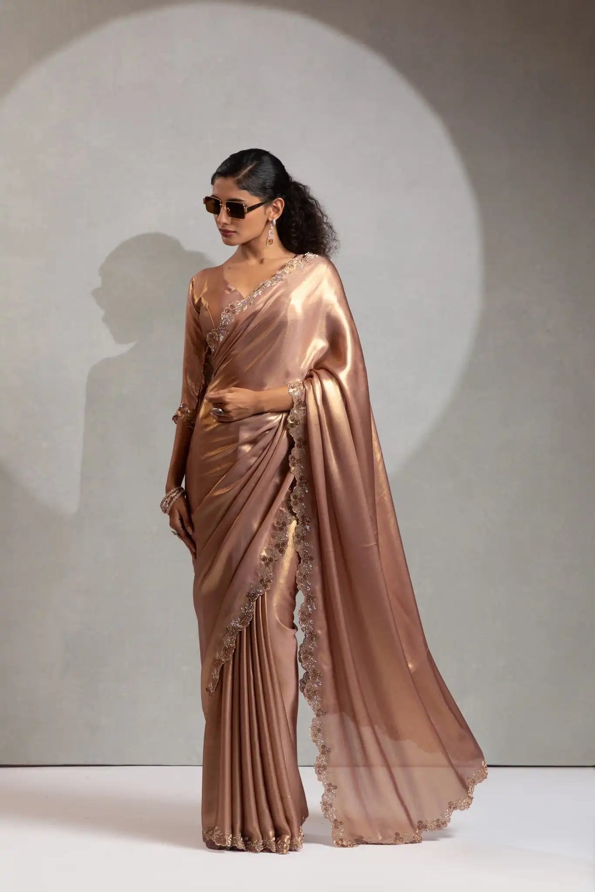 India Silk Luxury Rose Gold Silk Saree with Gold Embellishments