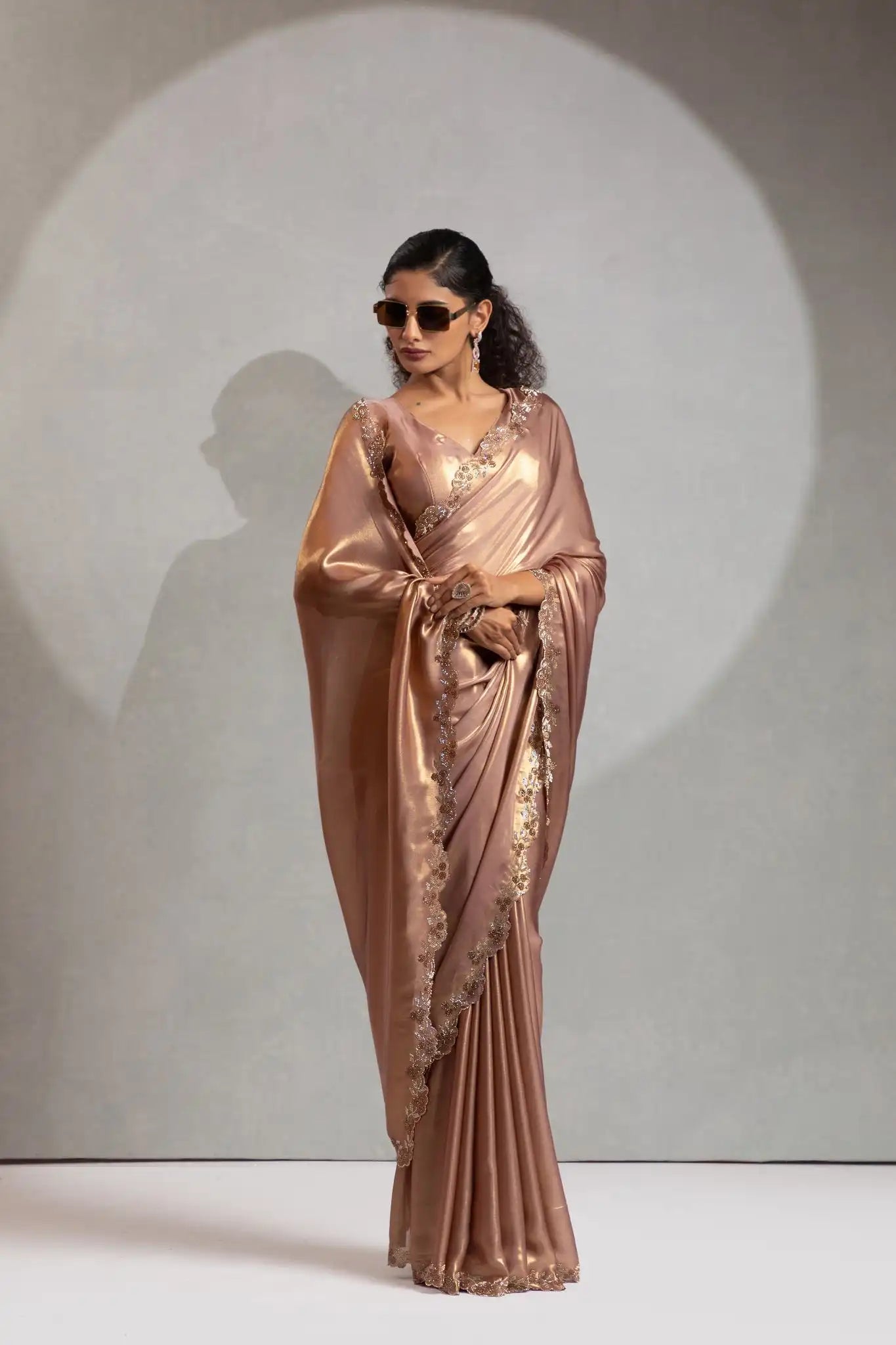 India Silk Luxury Rose Gold Silk Saree with Gold Embellishments