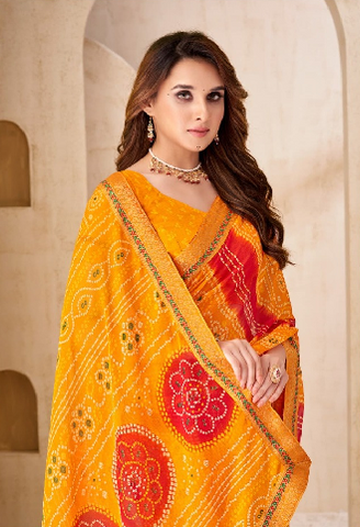 Yellow Traditional Bandhani Silk Saree with Woven Motifs | Premium Indian Ethnic Wear