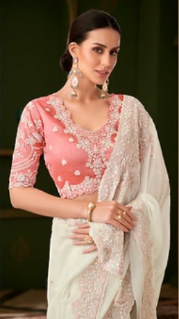 Ivory Embroidered Saree for Women | Party Wear Saree UK