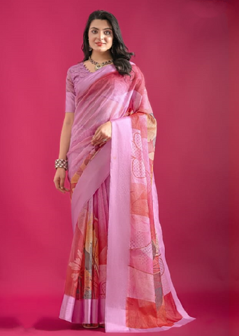 Lavender Premium Printed Pure Linen Saree with Elegant Floral Design – Lightweight Party Wear Indian Saree UK