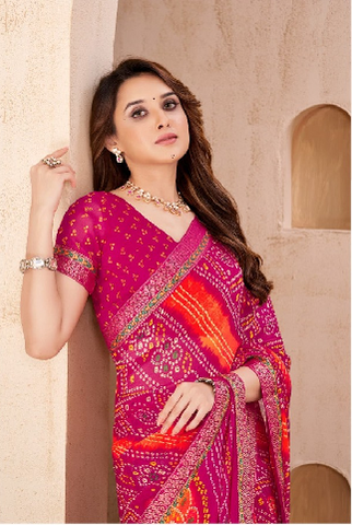 Pink Traditional Bandhani Silk Saree with Woven Motifs | Premium Indian Ethnic Wear