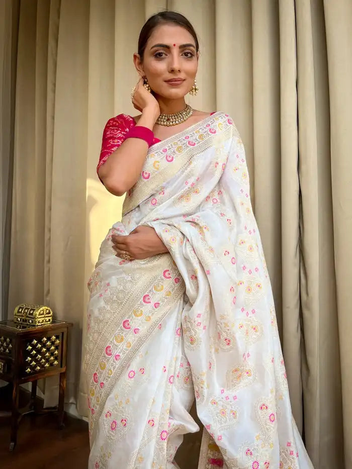 India Silk Presents White Banarasi Soft Silk Sarees That Blend Traditional Artistry With Everyday Comfort