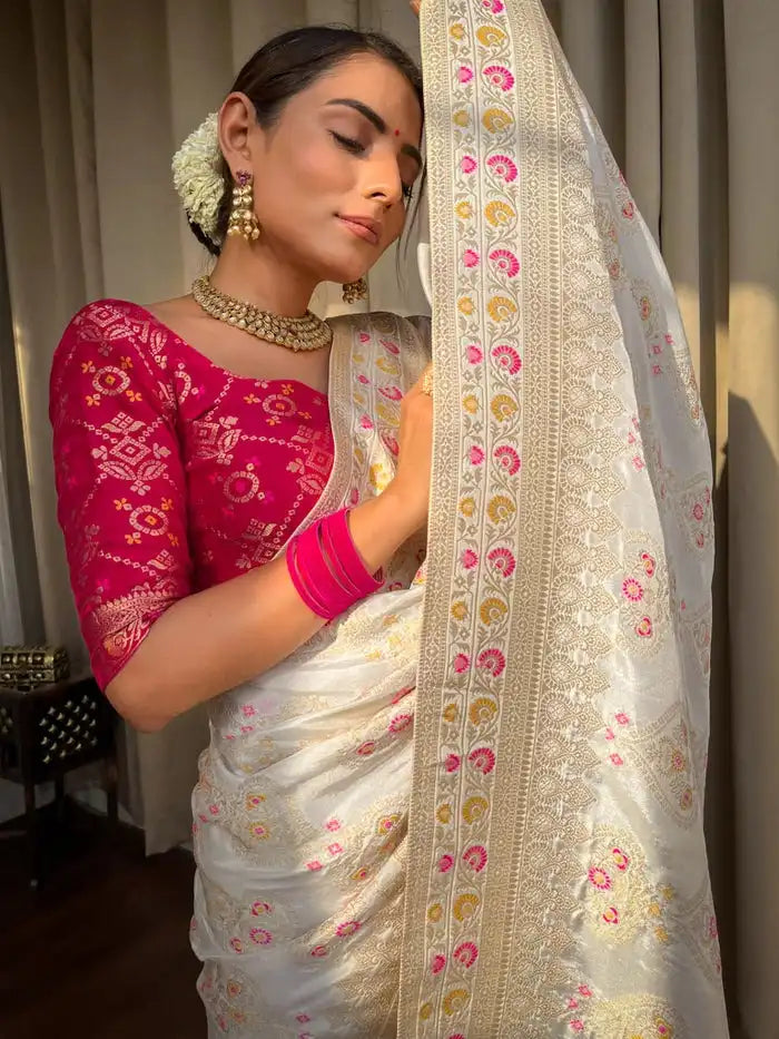 India Silk Presents White Banarasi Soft Silk Sarees That Blend Traditional Artistry With Everyday Comfort